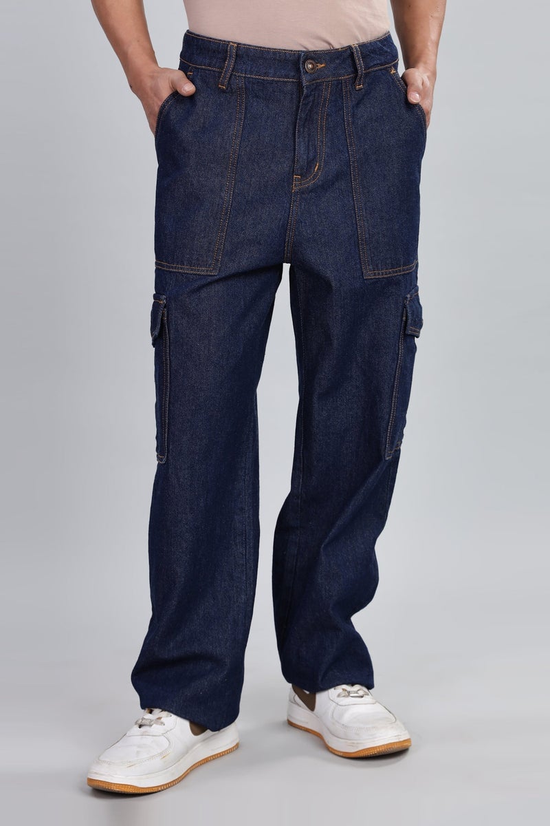 inkd Men's Cargo Carpenter Baggy Jeans – Mid-Rise | 100% Cotton | Contrast Stitch| 6 Pocket Styling | Baggy Jeans for Man | Cargo for Men - Image 1